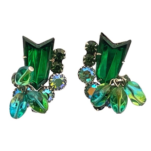 Juliana D&E Earrings Green Arrow AB Crystals & Dangles Vintage Silvertone